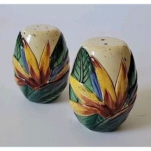 Island Plantations 2004 Bird of Paradise Glazed Ceramic Salt Pepper Shakers Pair
